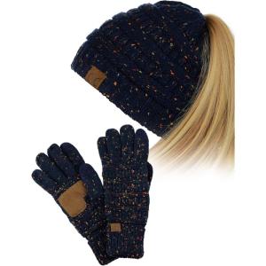 imageCC BeanieTail Messy High Bun Cable Knit Beanie and AntiSlip Touchscreen Gloves SetConfetti Navy