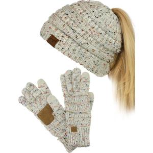 imageCC BeanieTail Messy High Bun Cable Knit Beanie and AntiSlip Touchscreen Gloves SetConfetti Oatmeal