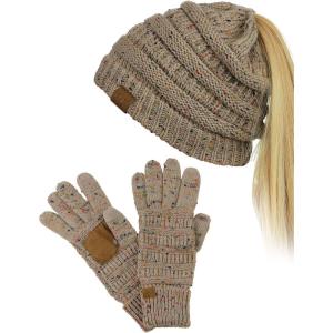 imageCC BeanieTail Messy High Bun Cable Knit Beanie and AntiSlip Touchscreen Gloves SetConfetti Taupe