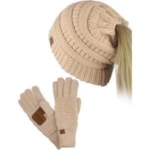 imageCC BeanieTail Messy High Bun Cable Knit Beanie and AntiSlip Touchscreen Gloves SetDark Beige
