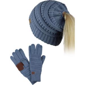 imageCC BeanieTail Messy High Bun Cable Knit Beanie and AntiSlip Touchscreen Gloves SetDark Denim