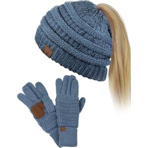 imageCC BeanieTail Messy High Bun Cable Knit Beanie and AntiSlip Touchscreen Gloves SetDark Denim Metallic