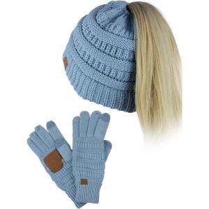 imageCC BeanieTail Messy High Bun Cable Knit Beanie and AntiSlip Touchscreen Gloves SetDenim