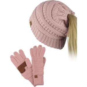 imageCC BeanieTail Messy High Bun Cable Knit Beanie and AntiSlip Touchscreen Gloves SetRose