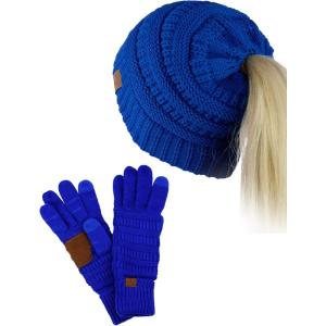 imageCC BeanieTail Messy High Bun Cable Knit Beanie and AntiSlip Touchscreen Gloves SetRoyal