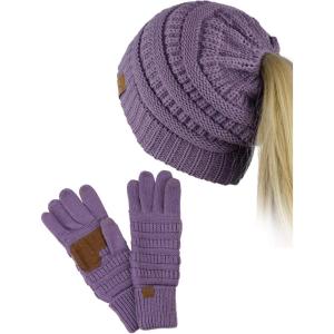 imageCC BeanieTail Messy High Bun Cable Knit Beanie and AntiSlip Touchscreen Gloves SetViolet