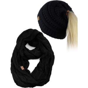 imageCC BeanieTail Messy High Bun Cable Knit Beanie and Infinity Loop Scarf SetBlack