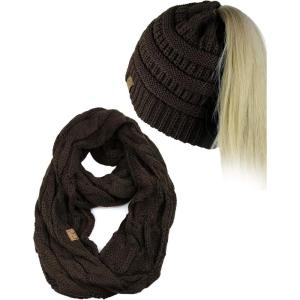 imageCC BeanieTail Messy High Bun Cable Knit Beanie and Infinity Loop Scarf SetBrown