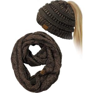 imageCC BeanieTail Messy High Bun Cable Knit Beanie and Infinity Loop Scarf SetBrown Metallic