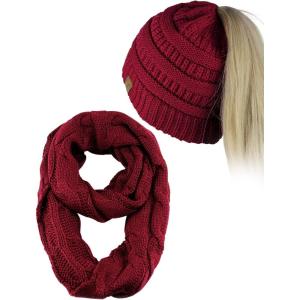imageCC BeanieTail Messy High Bun Cable Knit Beanie and Infinity Loop Scarf SetBurgundy