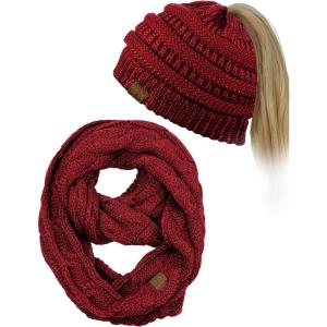 imageCC BeanieTail Messy High Bun Cable Knit Beanie and Infinity Loop Scarf SetBurgundy Metallic