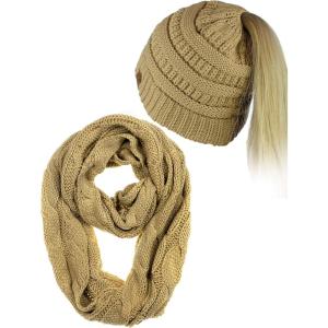 imageCC BeanieTail Messy High Bun Cable Knit Beanie and Infinity Loop Scarf SetCamel