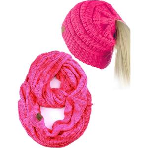 imageCC BeanieTail Messy High Bun Cable Knit Beanie and Infinity Loop Scarf SetCandy Pink
