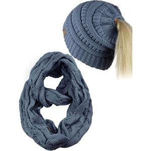 imageCC BeanieTail Messy High Bun Cable Knit Beanie and Infinity Loop Scarf SetDark Denim