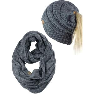 imageCC BeanieTail Messy High Bun Cable Knit Beanie and Infinity Loop Scarf SetDark Melange Gray