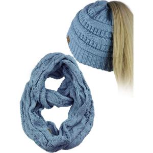 imageCC BeanieTail Messy High Bun Cable Knit Beanie and Infinity Loop Scarf SetDenim
