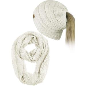 imageCC BeanieTail Messy High Bun Cable Knit Beanie and Infinity Loop Scarf SetIvory
