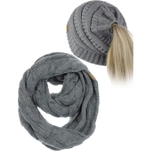 imageCC BeanieTail Messy High Bun Cable Knit Beanie and Infinity Loop Scarf SetLight Melange Gray