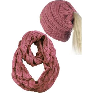 imageCC BeanieTail Messy High Bun Cable Knit Beanie and Infinity Loop Scarf SetMauve