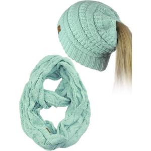 imageCC BeanieTail Messy High Bun Cable Knit Beanie and Infinity Loop Scarf SetMint