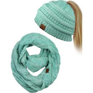 imageCC BeanieTail Messy High Bun Cable Knit Beanie and Infinity Loop Scarf SetMint Metallic