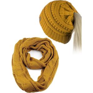 imageCC BeanieTail Messy High Bun Cable Knit Beanie and Infinity Loop Scarf SetMustard