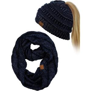 imageCC BeanieTail Messy High Bun Cable Knit Beanie and Infinity Loop Scarf SetNavy Metallic