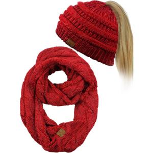 imageCC BeanieTail Messy High Bun Cable Knit Beanie and Infinity Loop Scarf SetRed Metallic