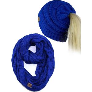 imageCC BeanieTail Messy High Bun Cable Knit Beanie and Infinity Loop Scarf SetRoyal