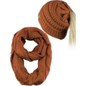 imageCC BeanieTail Messy High Bun Cable Knit Beanie and Infinity Loop Scarf SetRust