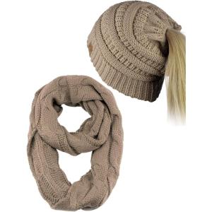 imageCC BeanieTail Messy High Bun Cable Knit Beanie and Infinity Loop Scarf SetTaupe