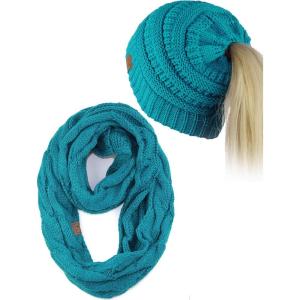 imageCC BeanieTail Messy High Bun Cable Knit Beanie and Infinity Loop Scarf SetTeal