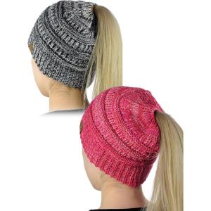 imageCC BeanieTail Soft Stretch Cable Knit Messy High Bun Ponytail Beanie Hat 2 Pack3 Tone Coral3 Tone Gray