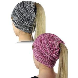 imageCC BeanieTail Soft Stretch Cable Knit Messy High Bun Ponytail Beanie Hat 2 Pack3 Tone Pink3 Tone Gray