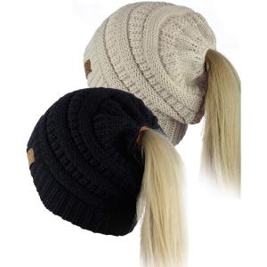 imageCC BeanieTail Soft Stretch Cable Knit Messy High Bun Ponytail Beanie Hat 2 PackBlackBeige