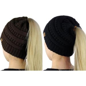 imageCC BeanieTail Soft Stretch Cable Knit Messy High Bun Ponytail Beanie Hat 2 PackBlackBrown