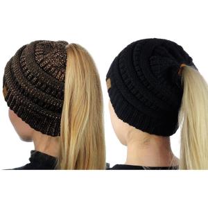 imageCC BeanieTail Soft Stretch Cable Knit Messy High Bun Ponytail Beanie Hat 2 PackBlackBrown Metallic