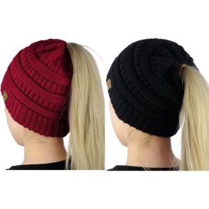 imageCC BeanieTail Soft Stretch Cable Knit Messy High Bun Ponytail Beanie Hat 2 PackBlackBurgundy