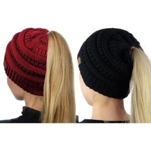 imageCC BeanieTail Soft Stretch Cable Knit Messy High Bun Ponytail Beanie Hat 2 PackBlackBurgundy Metallic
