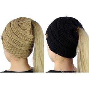 imageCC BeanieTail Soft Stretch Cable Knit Messy High Bun Ponytail Beanie Hat 2 PackBlackCamel