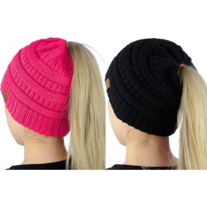 imageCC BeanieTail Soft Stretch Cable Knit Messy High Bun Ponytail Beanie Hat 2 PackBlackCandy Pink