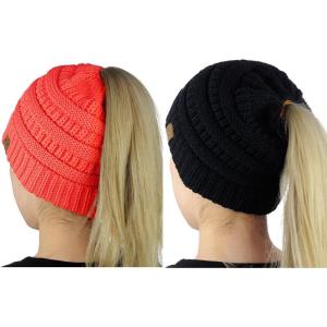 imageCC BeanieTail Soft Stretch Cable Knit Messy High Bun Ponytail Beanie Hat 2 PackBlackCoral