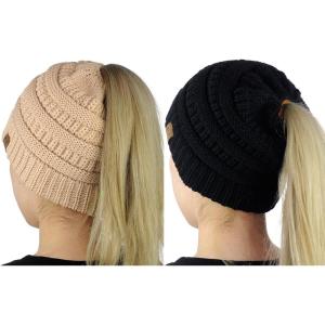 imageCC BeanieTail Soft Stretch Cable Knit Messy High Bun Ponytail Beanie Hat 2 PackBlackDark Beige