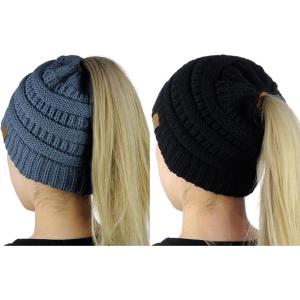 imageCC BeanieTail Soft Stretch Cable Knit Messy High Bun Ponytail Beanie Hat 2 PackBlackDark Denim