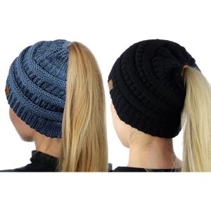 imageCC BeanieTail Soft Stretch Cable Knit Messy High Bun Ponytail Beanie Hat 2 PackBlackDark Denim Metallic