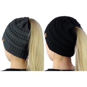 imageCC BeanieTail Soft Stretch Cable Knit Messy High Bun Ponytail Beanie Hat 2 PackBlackDark Mel Gy