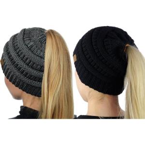 imageCC BeanieTail Soft Stretch Cable Knit Messy High Bun Ponytail Beanie Hat 2 PackBlackDark Melange Gray Metallic