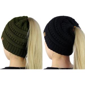 imageCC BeanieTail Soft Stretch Cable Knit Messy High Bun Ponytail Beanie Hat 2 PackBlackDark Olive