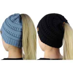 imageCC BeanieTail Soft Stretch Cable Knit Messy High Bun Ponytail Beanie Hat 2 PackBlackDenim