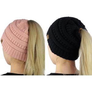 imageCC BeanieTail Soft Stretch Cable Knit Messy High Bun Ponytail Beanie Hat 2 PackBlackIndi Pink
